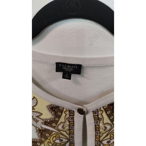 Talbots silk cream and yellow paisley one button cardigan short sleeve sweater - Picture 3 of 5